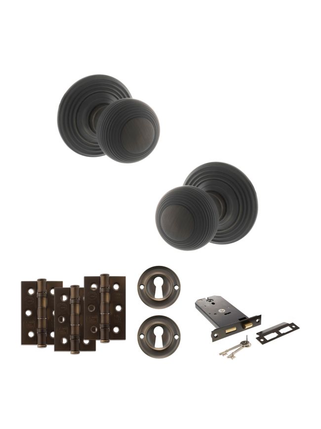 Old English Ripon Door Knob Pack (Lock Set - Horizontal Sashlock, 3" Fire Rated Hinges x3) - Urban Dark Bronze