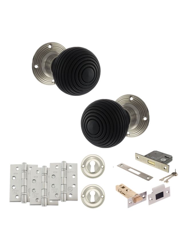 Old English Whitby Door Knob Pack (Lock Set - 3" Latch & Deadlock, 4" Fire Rated Hinges x3) - Satin Nickel