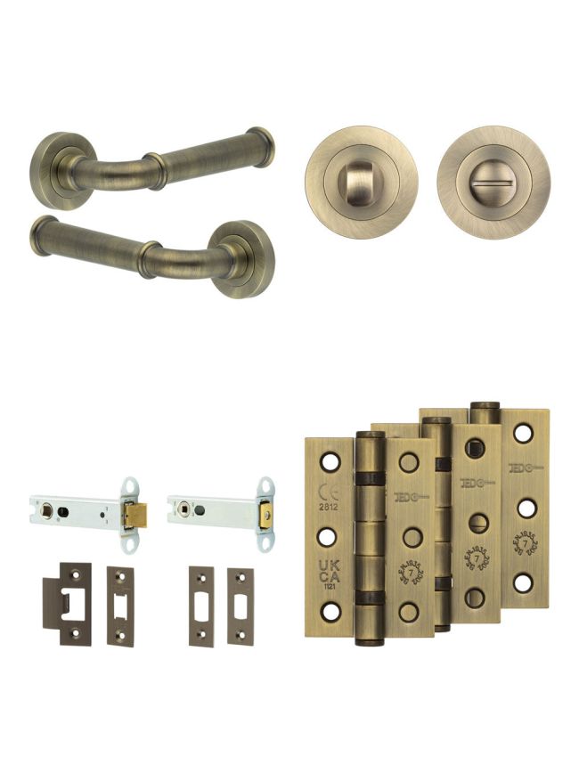 Complete Classic Door Handle Pack - Heavy Duty Tubular Bathroom (Standard Thumb Turn) - Antique Brass - 102mm / 3-inch Hinges - JE-A32B3-AB