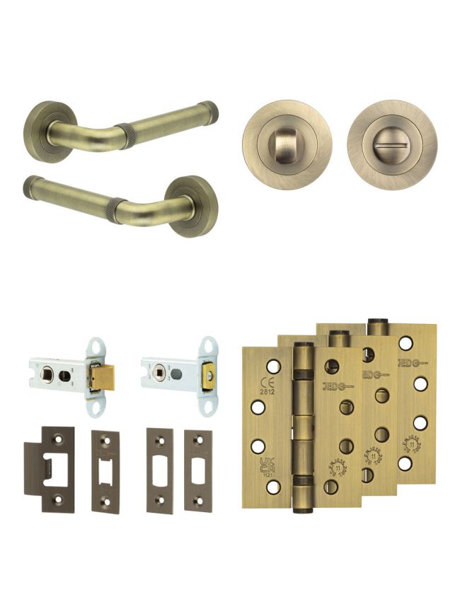 Complete Midtown Door Handle Pack - Heavy Duty Tubular Bathroom (Standard Thumb Turn) - Antique Brass - 64mm / 4-inch Hinges - JE-G30A3-AB
