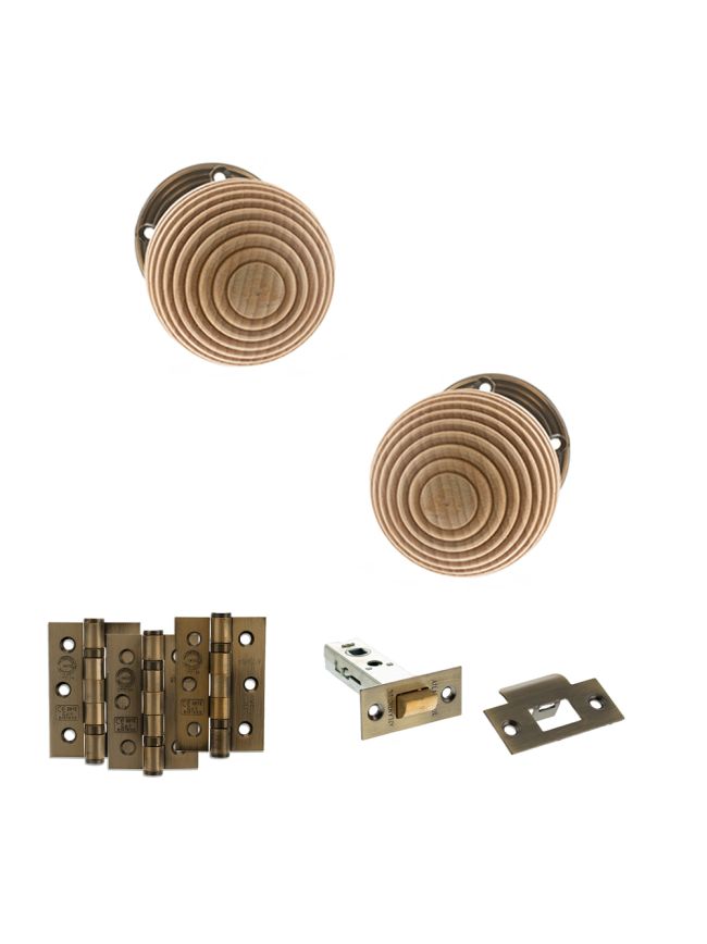 Old English Bridlington Door Knob Pack (Latch Set - 3" HD Latch, 3" Fire Rated Hinges x3) - Antique Brass