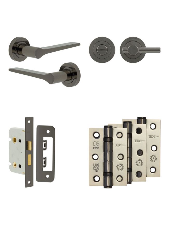 Complete Gio Door Handle Pack - Bathroom Lock (Plain Thumb Turn) - Black Nickel - 65mm / 3-inch Hinges - JE-E5B2-BN