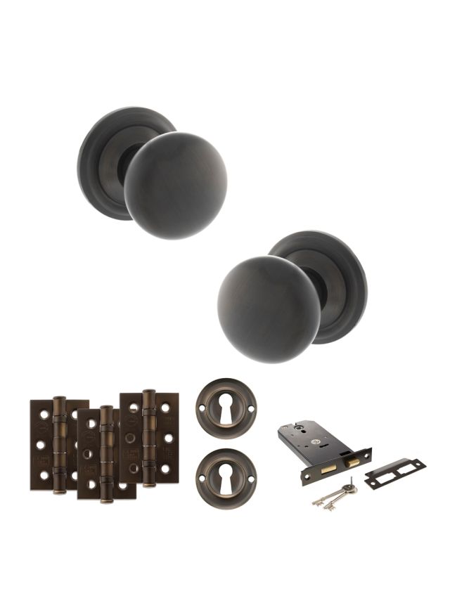 Old English Harrogate Door Knob Pack (Lock Set - Horizontal Sashlock, 3" Fire Rated Hinges x3) - Urban Dark Bronze