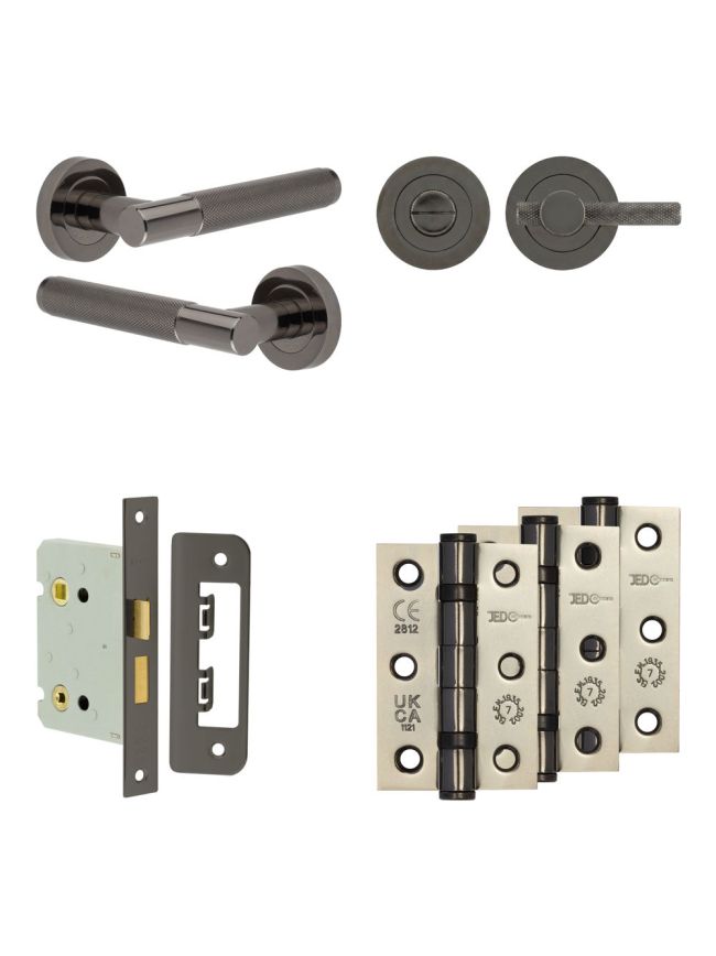 Complete Bari Door Handle Pack - Bathroom Lock (Knurled Thumb Turn) - Black Nickel - 76mm / 3-inch Hinges - JE-D6B1-BN
