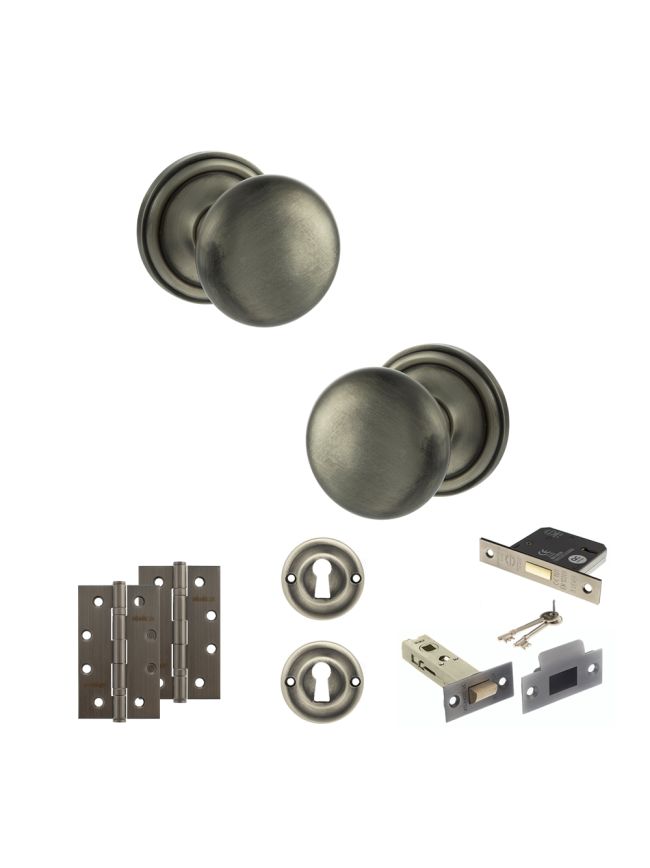 Old English Harrogate Door Knob Pack (Lock Set - 3" Latch & Deadlock, 4" Slim Knuckle Hinges x2) - Matt Gun Metal