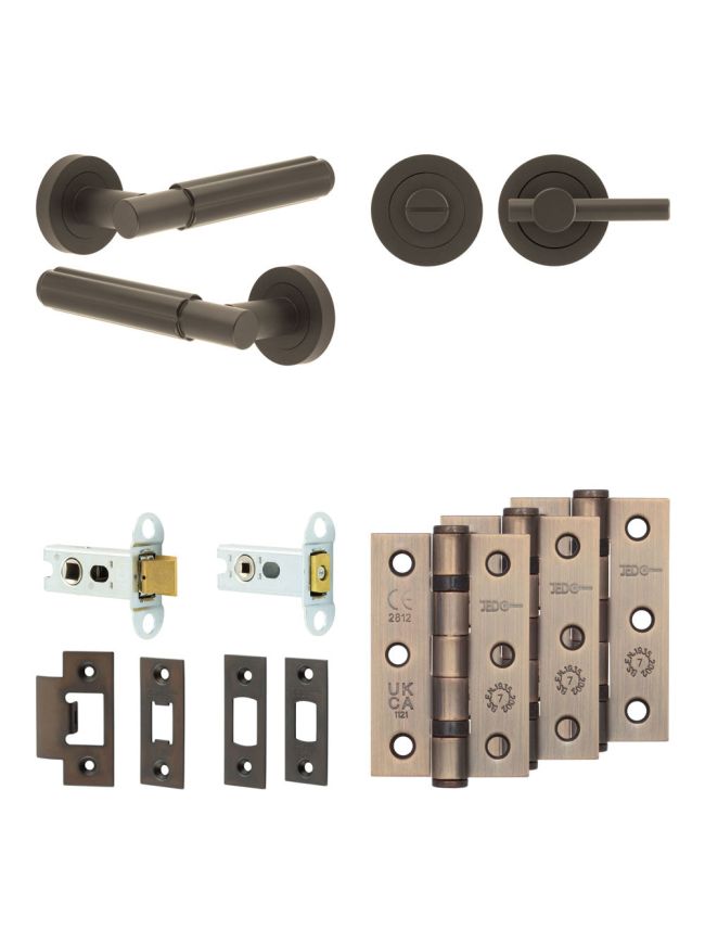 Complete Bloom Door Handle Pack - Heavy Duty Tubular Bathroom (Plain Thumb Turn) - Dark Bronze - 64mm / 3-inch Hinges - JE-B30B2-DB