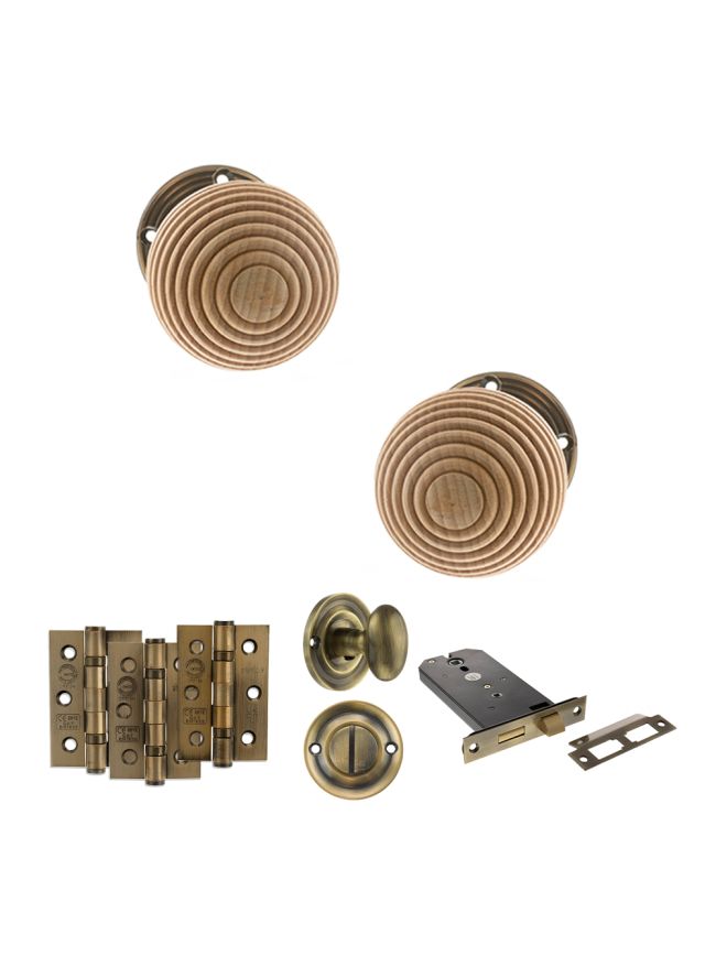 Old English Bridlington Door Knob Pack (Lock Set - Horizontal Bathlock, 3" Fire Rated Hinges x3) - Antique Brass