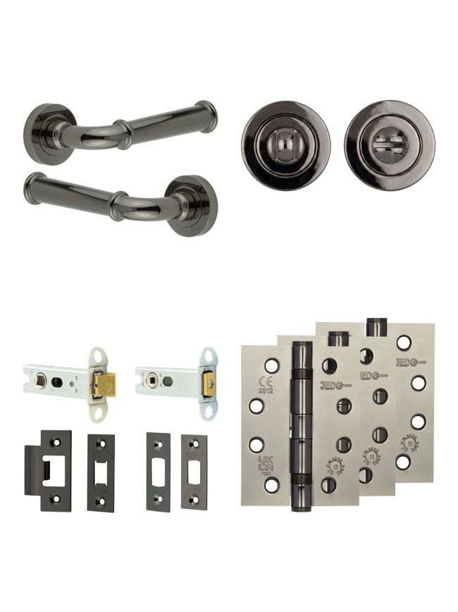 Complete Classic Door Handle Pack - Heavy Duty Tubular Bathroom (Standard Thumb Turn) - Black Nickel - 76mm / 4-inch Hinges - JE-A31A3-BN