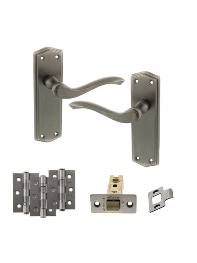 Old English Warwick Door Handle Pack (Latch Set - 3" CE Latch, 3" Fire Rated Hinges x3) - Matt Gun Metal