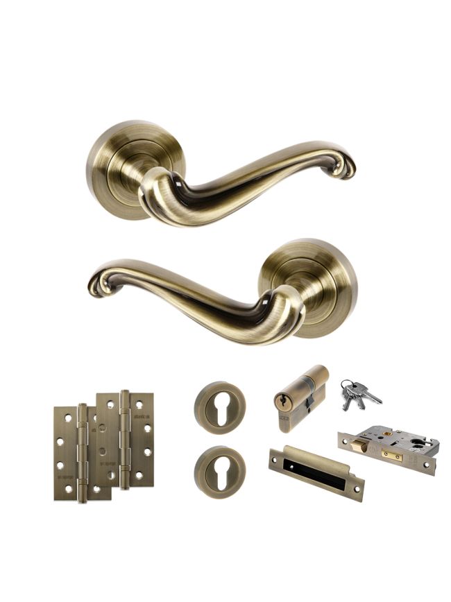 Old English Colchester Door Handle Pack (Euro Lock Set - 3" CE Sashlock, 4" Slim Knuckle Hinges x2) - Antique Brass