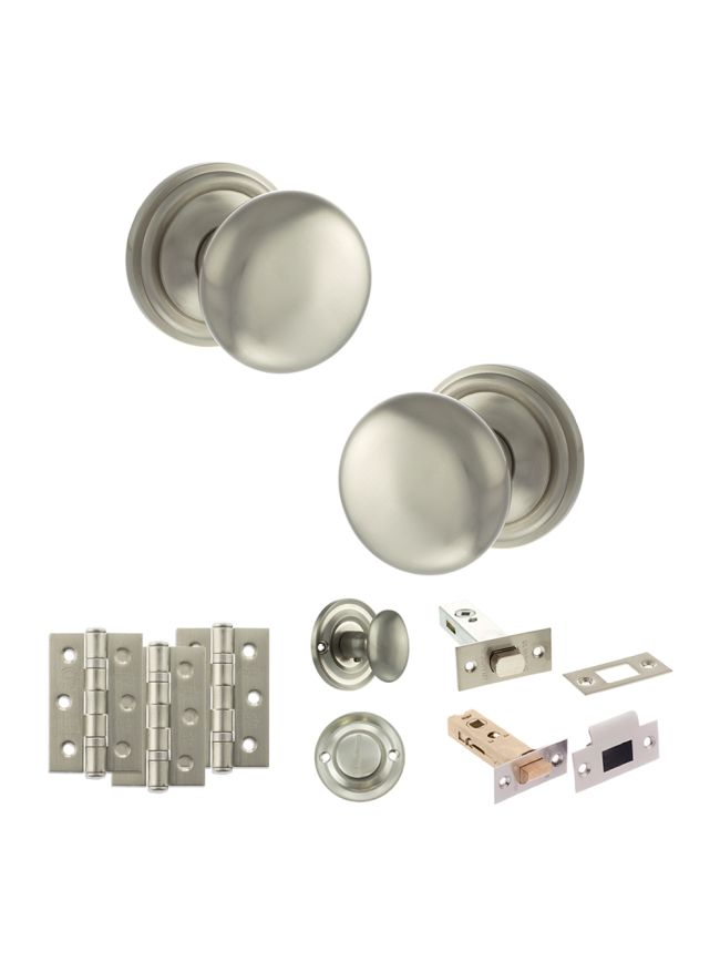 Old English Harrogate Door Knob Pack (Bathroom Set - 3" Deadbolt, 3" Fire Rated Hinges x3) - Satin Nickel