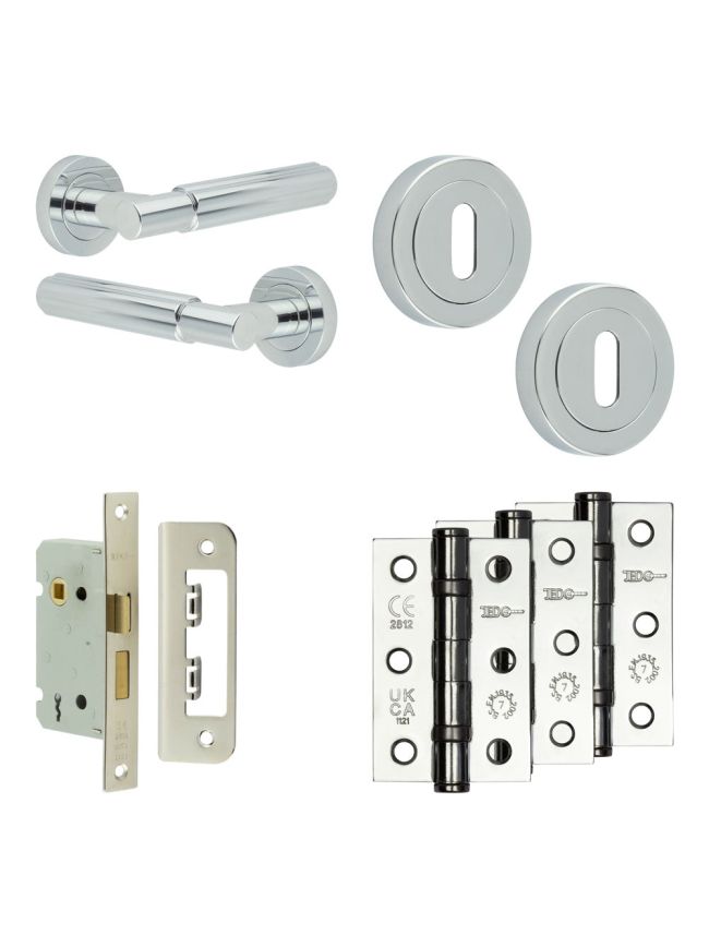 Complete Bloom Door Handle Pack - Sashlock - Polished Chrome - 65mm / 3-inch Hinges - JE-B7B8-PC