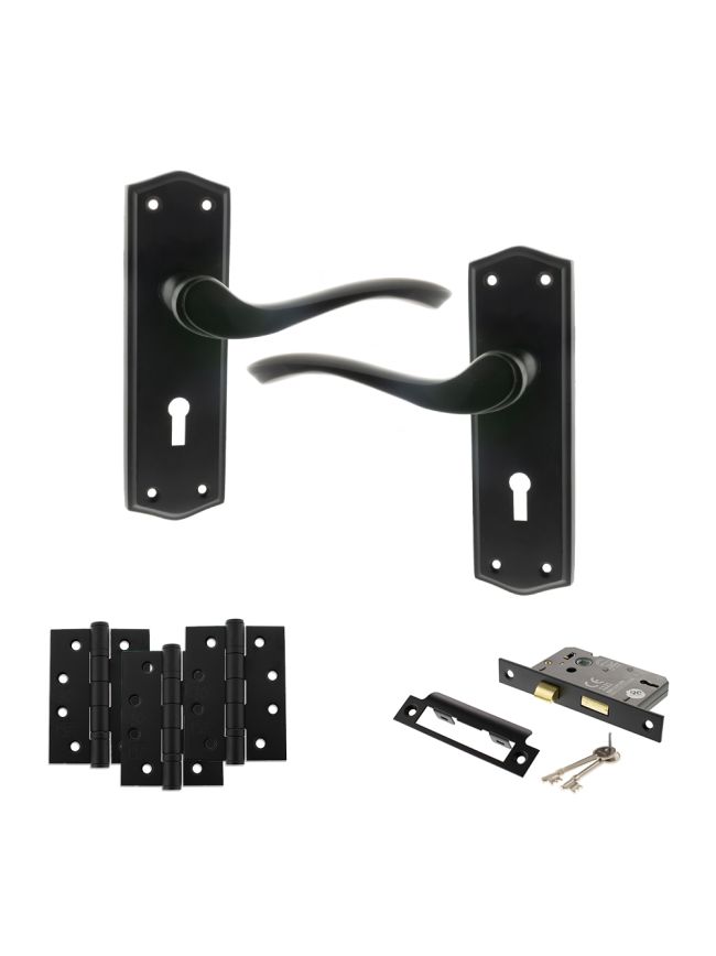 Old English Warwick Door Handle Pack (3 Lever Lock Set - 2.5" CE Sashlock, 4" Fire Rated Hinges x3) - Matt Black
