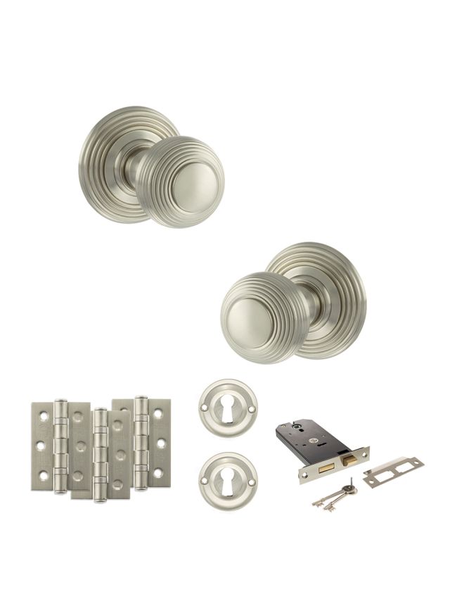 Old English Ripon Door Knob Pack (Lock Set - Horizontal Sashlock, 3" Fire Rated Hinges x3) - Satin Nickel