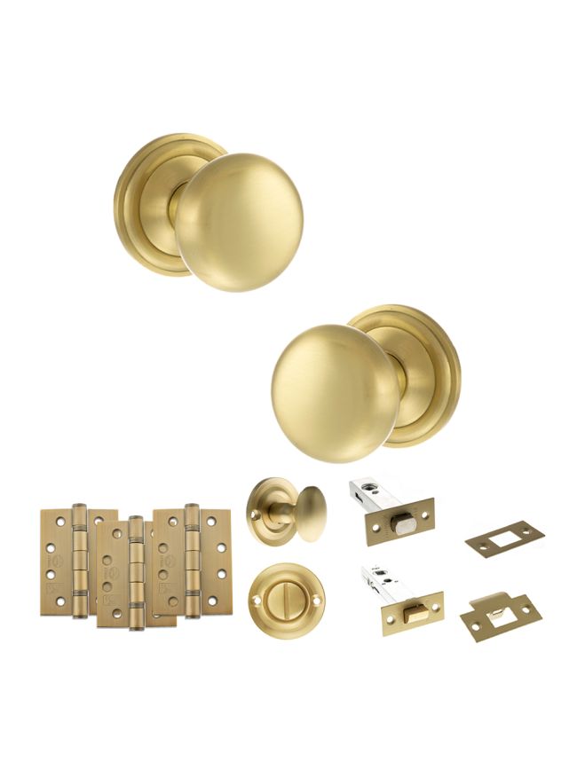 Old English Harrogate Door Knob Pack (Bathroom Set - 4" Deadbolt, 4" Fire Rated Hinges x3) - Satin Brass