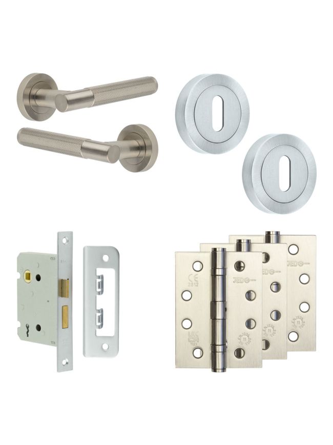 Complete Bari Door Handle Pack - Sashlock - Satin Nickel - 76mm / 4-inch Hinges - JE-D8A8-SN
