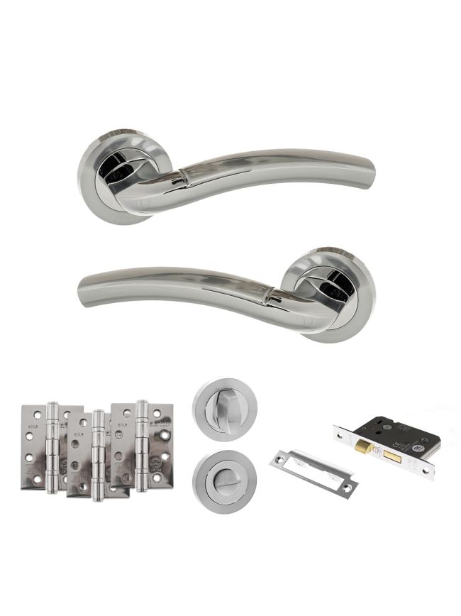 Eco Crest Door Handle Pack (Bathroom Set - 2.5" CE Bathroom Lock, 4" Fire Rated Hinges x3) - Satin Chrome/Polished Chrome