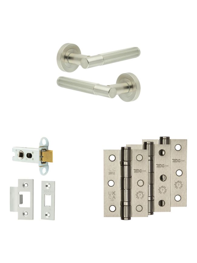 Complete Venice Door Handle Pack - Heavy Duty Latch - Satin Nickel - 64mm / 3-inch Hinges - JE-F20B-SN
