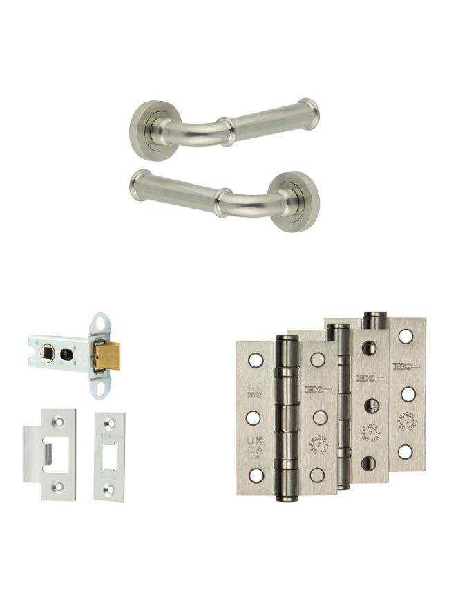 Complete Classic Door Handle Pack - Heavy Duty Latch - Satin Nickel - 64mm / 3-inch Hinges - JE-A20B-SN