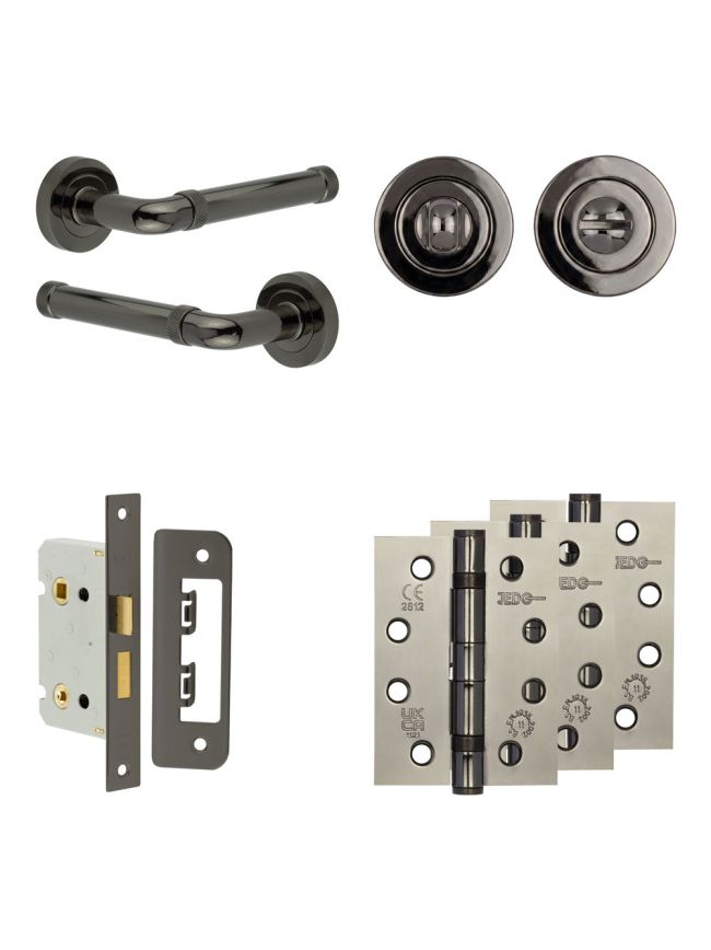 Complete Midtown Door Handle Pack - Bathroom Lock (Standard Thumb Turn) - Black Nickel - 65mm / 4-inch Hinges - JE-G5A3-BN