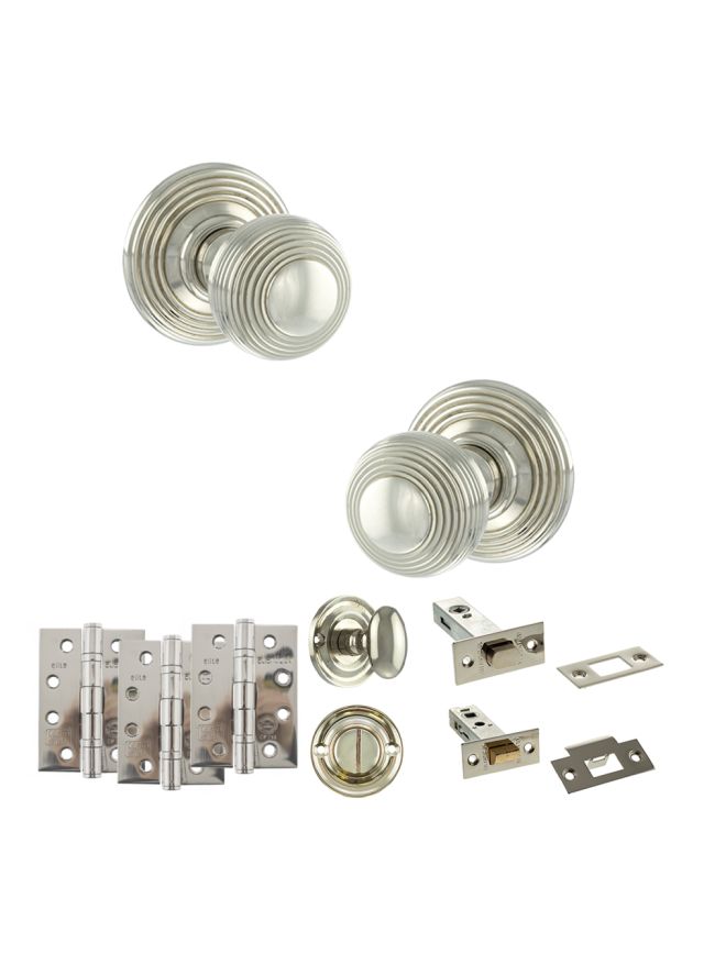 Old English Ripon Door Knob Pack (Bathroom Set - 4" Deadbolt, 4" Fire Rated Hinges x3) - Polished Nickel