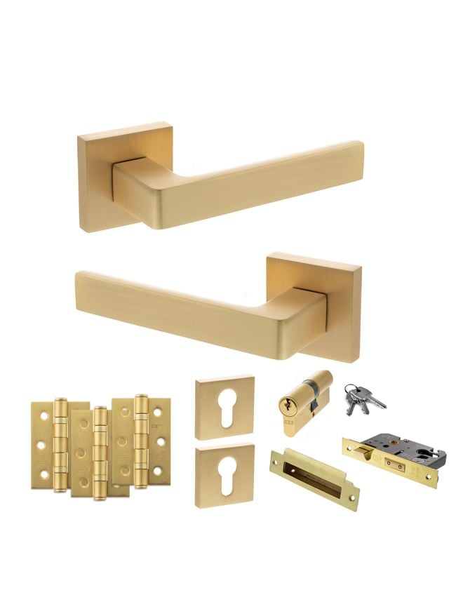 STATUS Montana Door Handle Pack (Euro Lock Set - 3" CE Sashlock, 3" Fire Rated Hinges x3) - Satin Brass