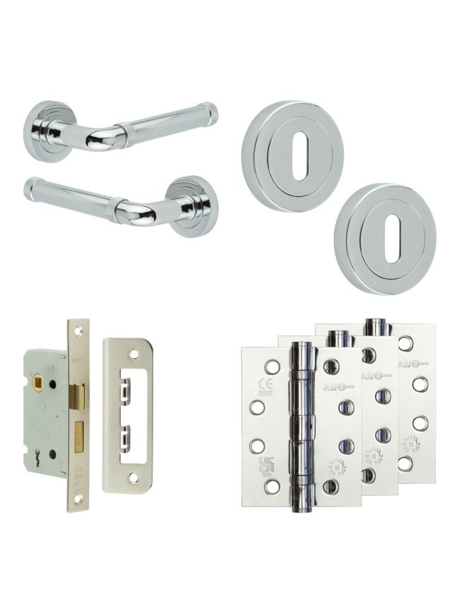 Complete Midtown Door Handle Pack - Sashlock - Polished Chrome - 65mm / 4-inch Hinges - JE-G7A8-PC