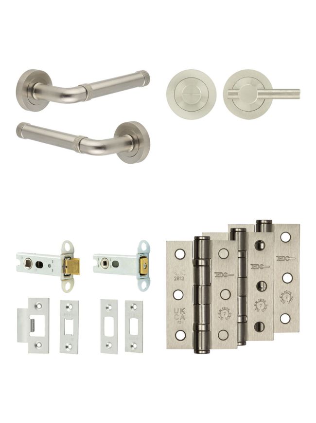 Complete Midtown Door Handle Pack - Heavy Duty Tubular Bathroom (Knurled Thumb Turn) - Satin Nickel - 76mm / 3-inch Hinges - JE-G31B1-SN