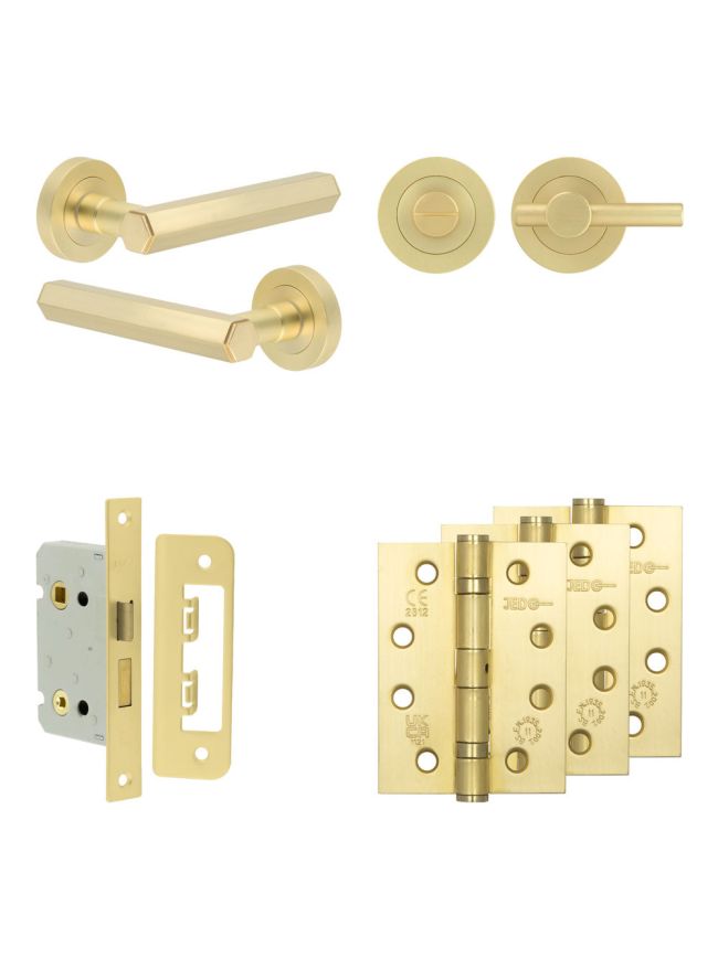 Complete Hex Door Handle Pack - Bathroom Lock (Plain Thumb Turn) - Satin Brass - 65mm / 4-inch Hinges - JE-C5A2-SB