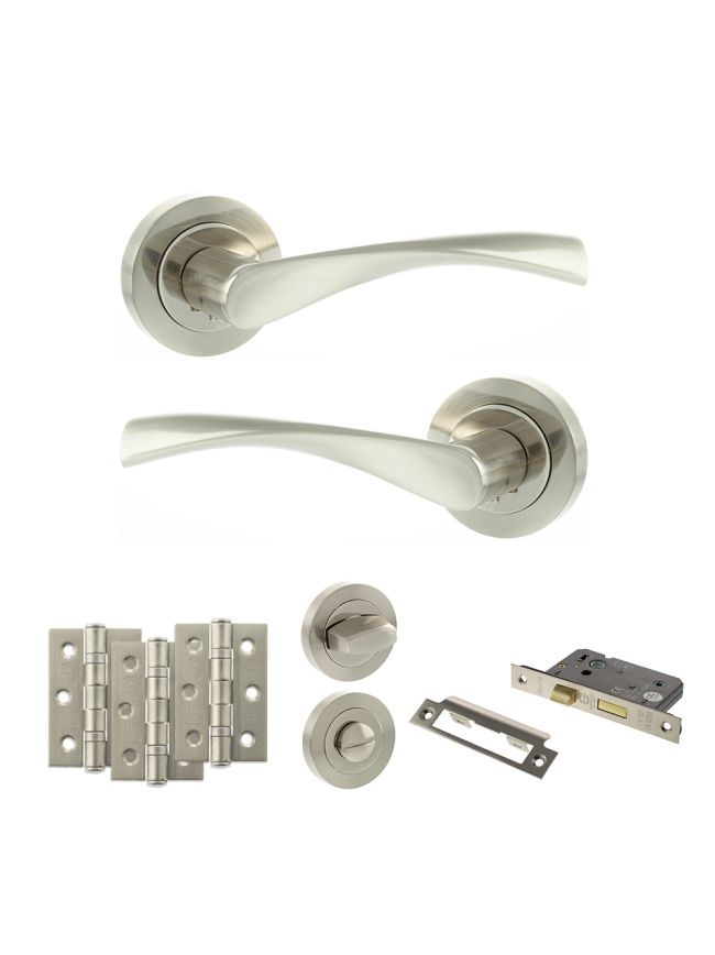 Eco Aqua Door Handle Pack (Bathroom Set - 3" CE Bathroom Lock, 3" Fire Rated Hinges x3) - Satin Nickel/Nickel Plate