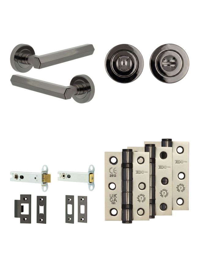 Complete Hex Door Handle Pack - Heavy Duty Tubular Bathroom (Standard Thumb Turn) - Black Nickel - 102mm / 3-inch Hinges - JE-C32B3-BN