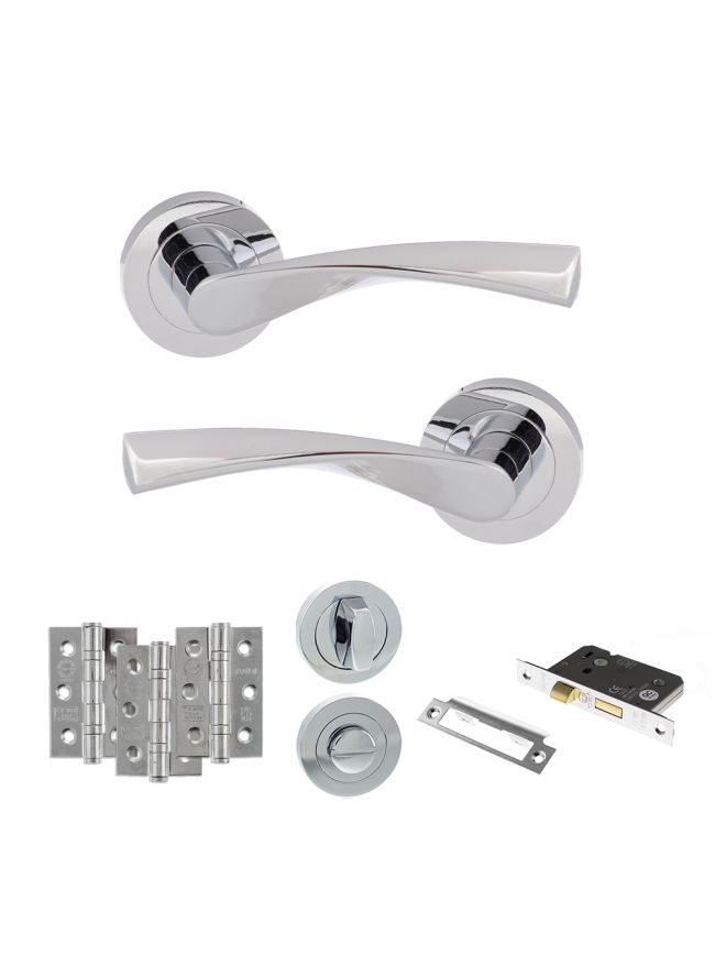 Eco Aqua Door Handle Pack (Bathroom Set - 2.5" CE Bathroom Lock, 3" Fire Rated Hinges x3) - Polished Chrome
