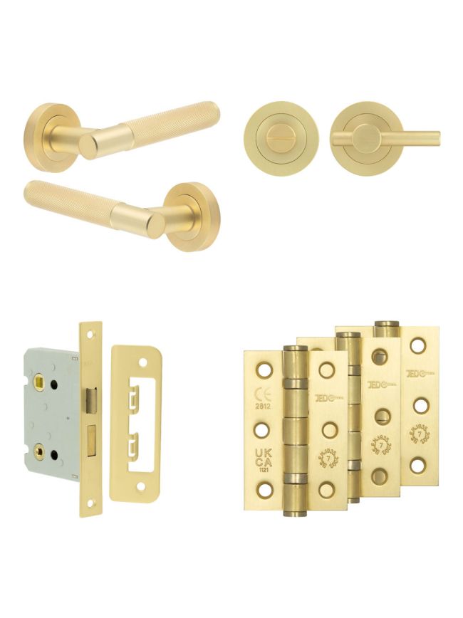 Complete Bari Door Handle Pack - Bathroom Lock (Plain Thumb Turn) - Satin Brass - 76mm / 3-inch Hinges - JE-D6B2-SB