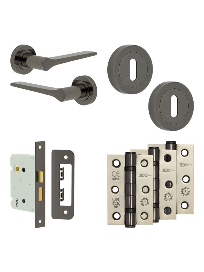 Complete Gio Door Handle Pack - Sashlock - Black Nickel - 76mm / 3-inch Hinges - JE-E8B8-BN