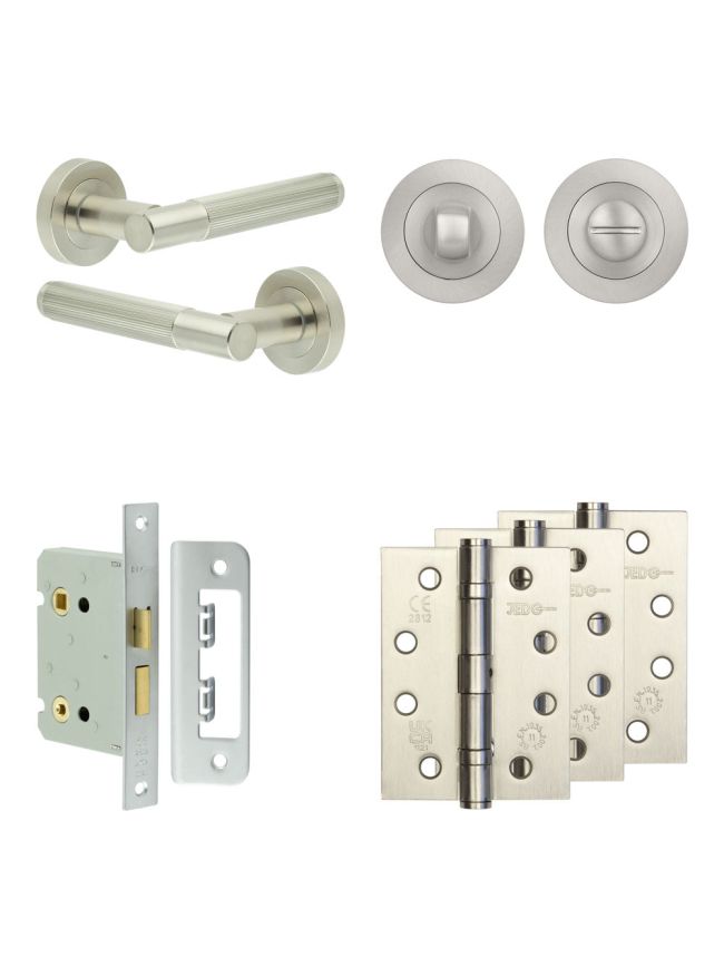 Complete Venice Door Handle Pack - Bathroom Lock (Standard Thumb Turn) - Satin Nickel - 76mm / 4-inch Hinges - JE-F6A3-SN