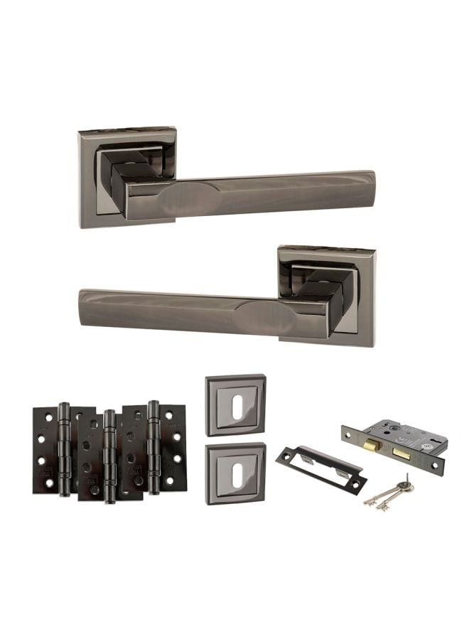 STATUS Kansas Door Handle Pack (3 Lever Lock Set - 2.5" CE Sashlock, 4" Fire Rated Hinges x3) - Black Nickel