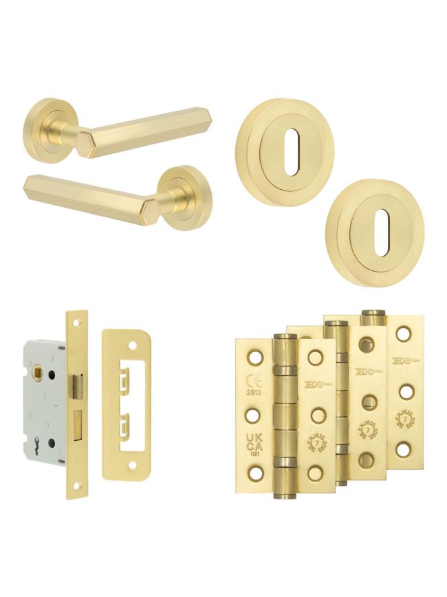 Complete Hex Door Handle Pack - Sashlock - Satin Brass - 65mm / 3-inch Hinges - JE-C7B8-SB