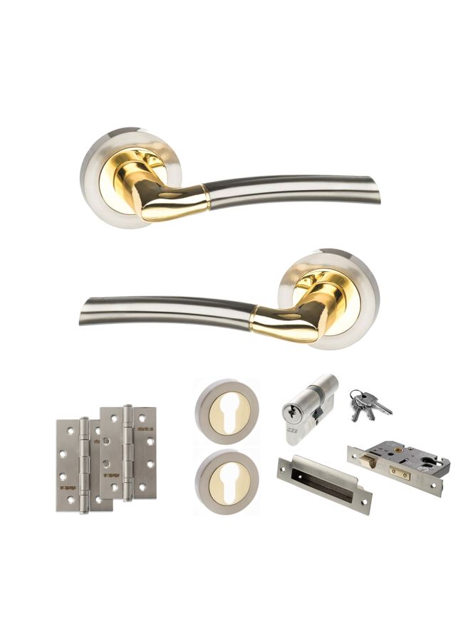 STATUS Indiana Door Handle Pack (Euro Lock Set - 3" CE Sashlock, 4" Slim Knuckle Hinges x2) - Satin Nickel/Polished Brass