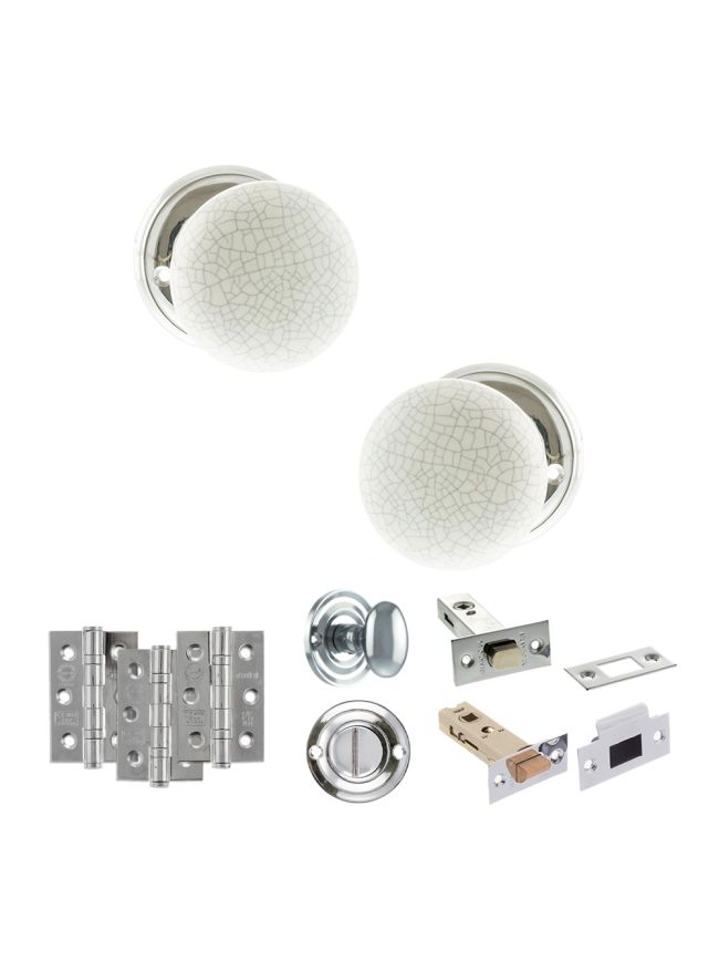 Old English Skipton Door Knob Pack (Bathroom Set - 4" Deadbolt, 3" Fire Rated Hinges x3) - Polished Chrome