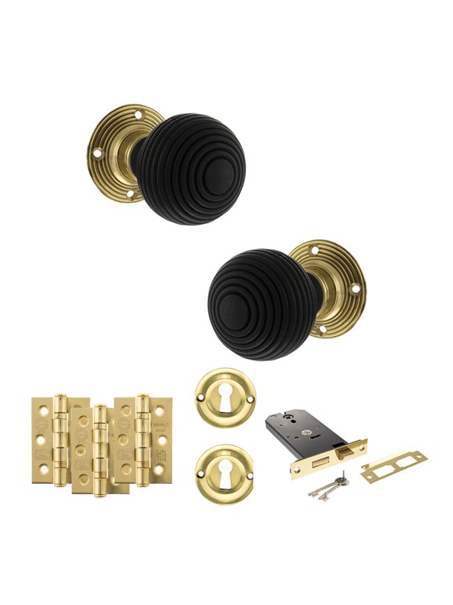 Old English Whitby Door Knob Pack (Lock Set - Horizontal Sashlock, 3" Fire Rated Hinges x3) - Polished Brass