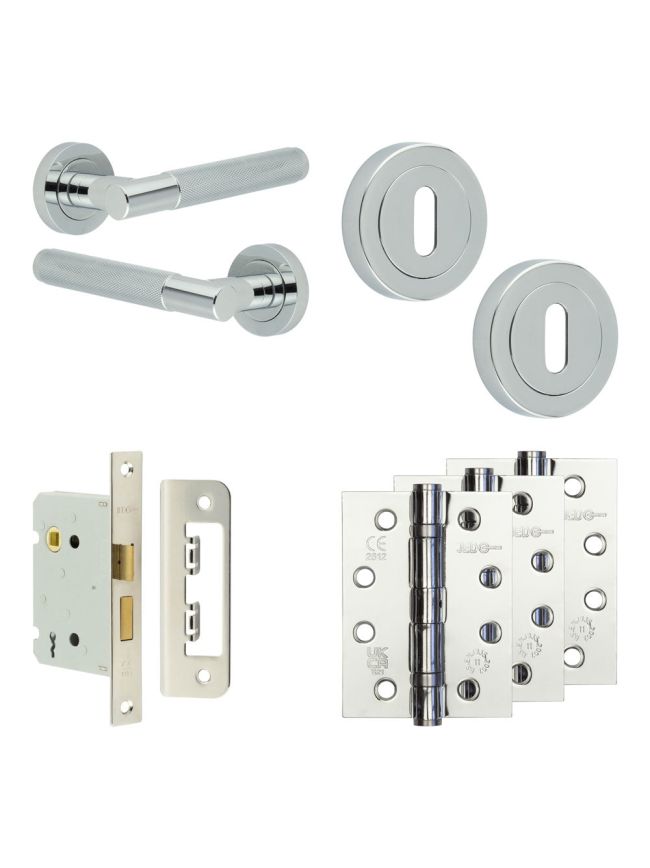 Complete Bari Door Handle Pack - Sashlock - Polished Chrome - 76mm / 4-inch Hinges - JE-D8A8-PC
