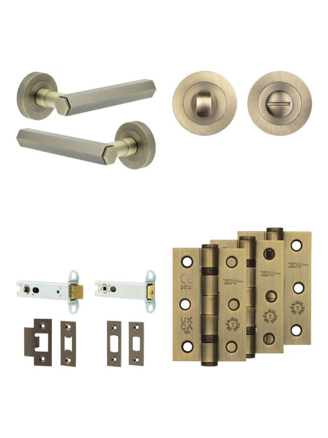 Complete Hex Door Handle Pack - Heavy Duty Tubular Bathroom (Standard Thumb Turn) - Antique Brass - 102mm / 3-inch Hinges - JE-C32B3-AB