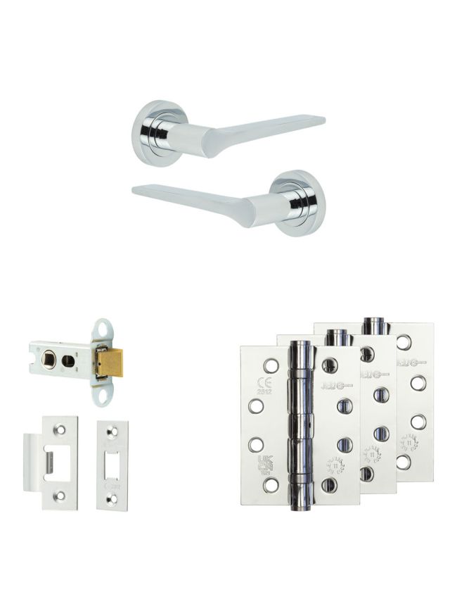 Complete Gio Door Handle Pack - Heavy Duty Latch - Polished Chrome - 64mm / 4-inch Hinges - JE-E20A-PC