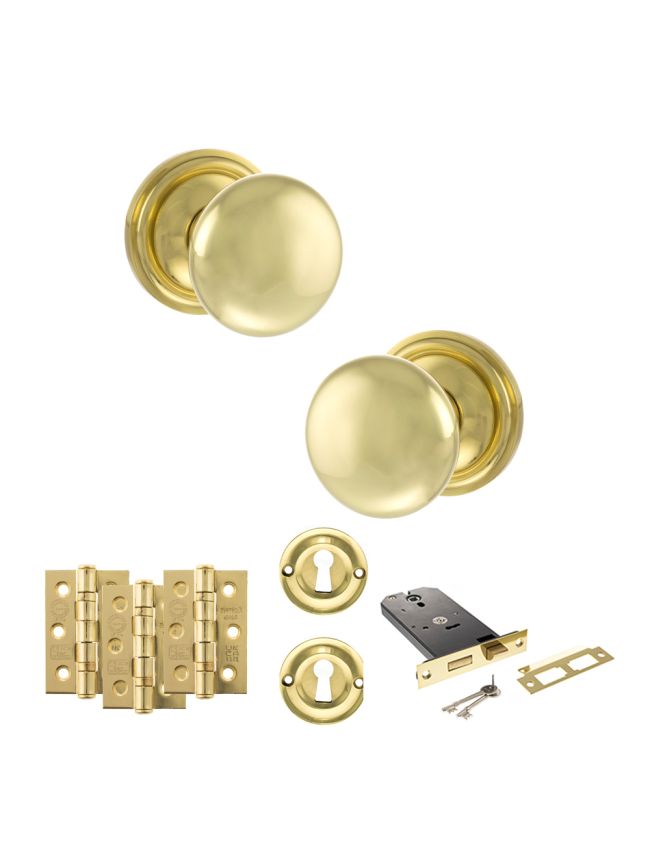 Old English Harrogate Door Knob Pack (Lock Set - Horizontal Sashlock, 3" Fire Rated Hinges x3) - Polished Brass
