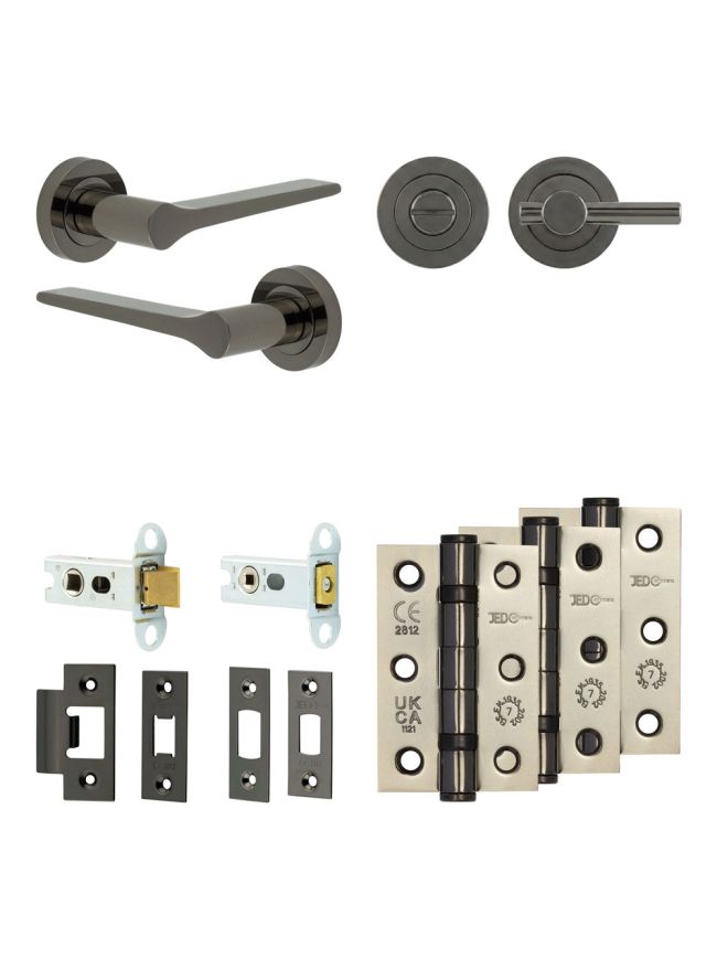Complete Gio Door Handle Pack - Heavy Duty Tubular Bathroom (Plain Thumb Turn) - Black Nickel - 64mm / 3-inch Hinges - JE-E30B2-BN