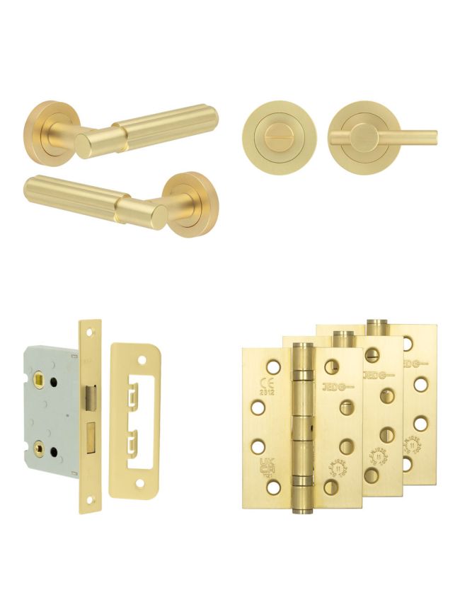 Complete Bloom Door Handle Pack - Bathroom Lock (Plain Thumb Turn) - Satin Brass - 76mm / 4-inch Hinges - JE-B6A2-SB