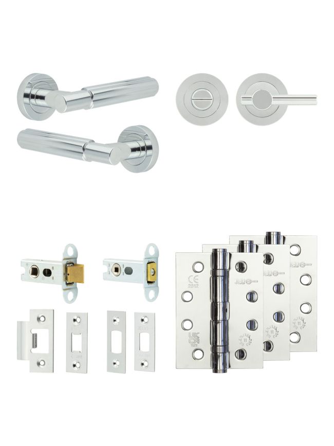 Complete Bloom Door Handle Pack - Heavy Duty Tubular Bathroom (Plain Thumb Turn) - Polished Chrome - 64mm / 4-inch Hinges - JE-B30A2-PC