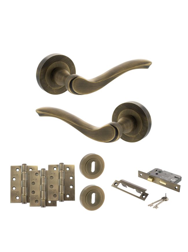 Old English Warwick Door Handle Pack (3 Lever Lock Set - 3" CE Sashlock, 4" Fire Rated Hinges x3) - Matt Antique Brass