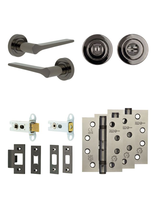 Complete Gio Door Handle Pack - Heavy Duty Tubular Bathroom (Standard Thumb Turn) - Black Nickel - 64mm / 4-inch Hinges - JE-E30A3-BN