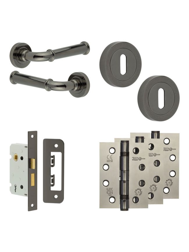 Complete Classic Door Handle Pack - Sashlock - Black Nickel - 65mm / 4-inch Hinges - JE-A7A8-BN